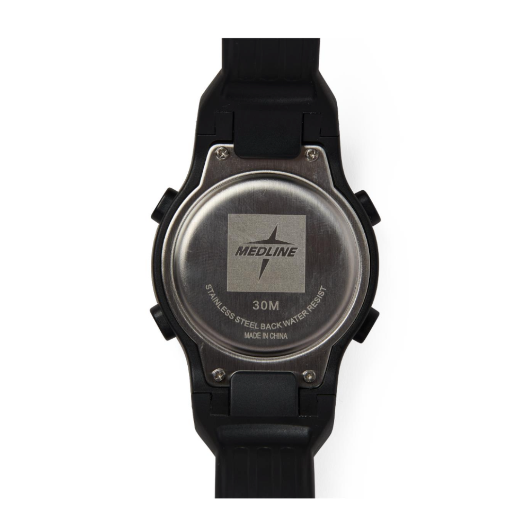 The back of a Medline Digital Fitness Heart Rate and Pedometer Watch with a black band, displaying the engravings “PEDOMETER WATCH,” “30M,” and “STAINLESS STEEL BACK WATER RESIST” on its metal case.
