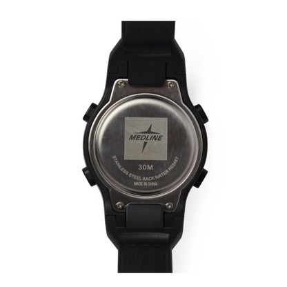 The back of a Medline Digital Fitness Heart Rate and Pedometer Watch with a black band, displaying the engravings “PEDOMETER WATCH,” “30M,” and “STAINLESS STEEL BACK WATER RESIST” on its metal case.