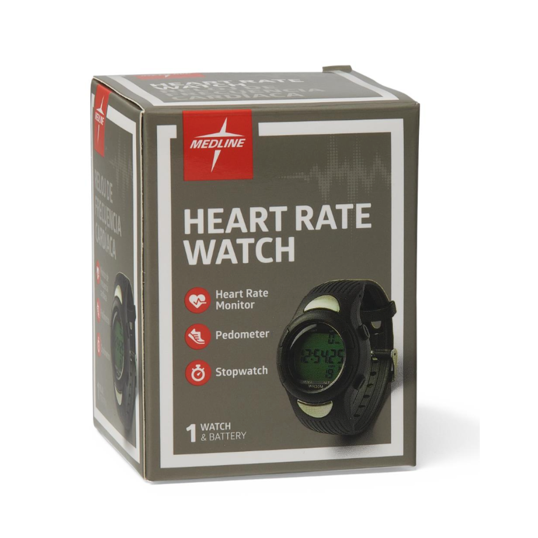 A box for the Medline Digital Fitness Heart Rate and Pedometer Watch highlights features such as a heart rate monitor, pedometer, and stopwatch. The packaging displays an image of the black digital watch and includes the Pedometer Watch along with a battery.