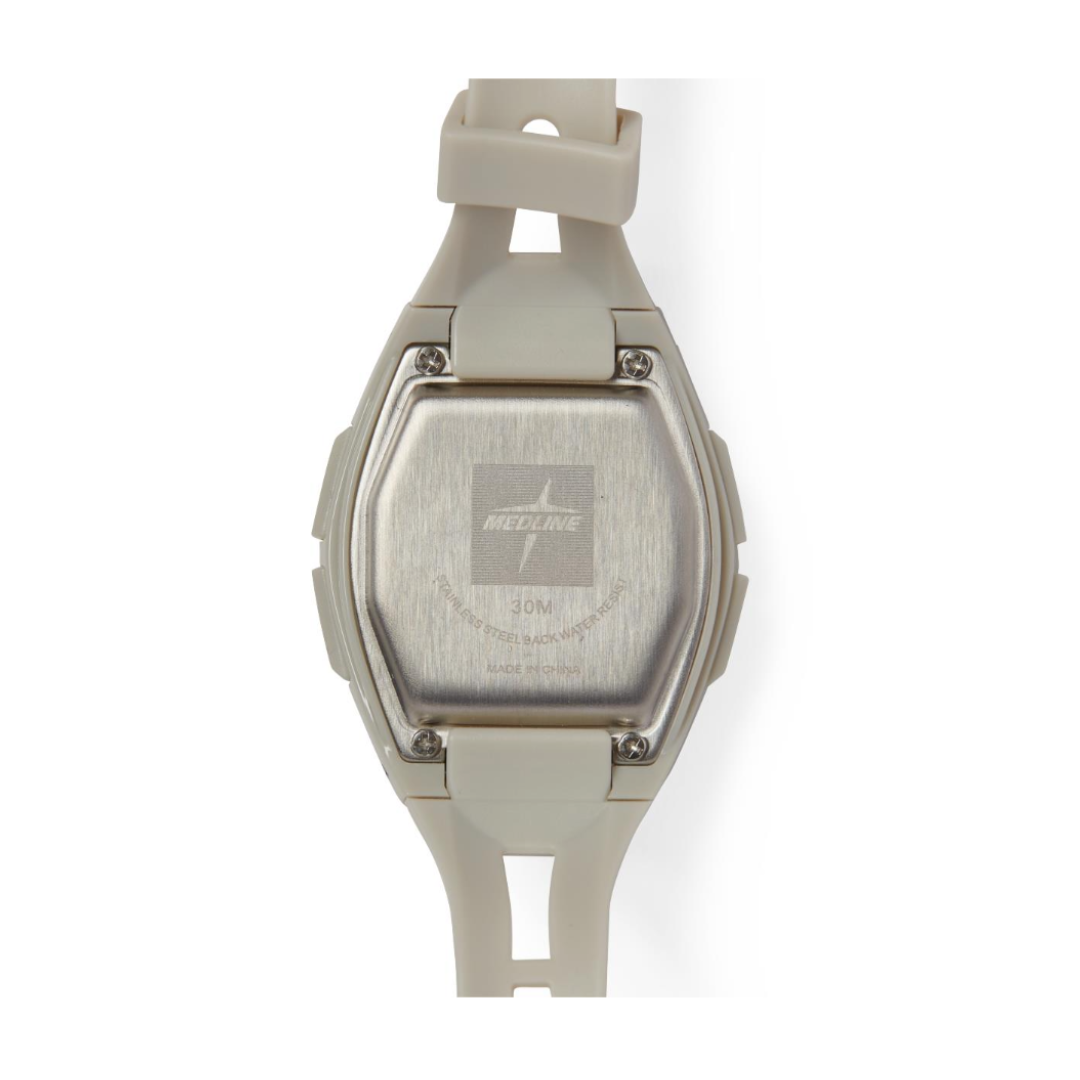 Close-up of the back of a Medline Digital Fitness Heart Rate and Pedometer Watch in beige, showing a metal case engraved with Medline, water resistance details, and four small screws at the corners. The practical beige watchband is partially visible.