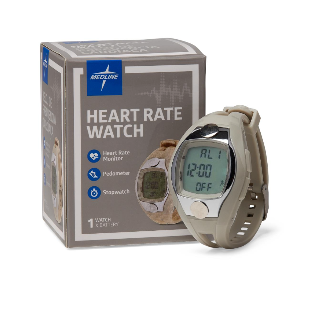 A Medline Digital Fitness Heart Rate and Pedometer Watch is positioned next to its box, displaying the time and settings on its digital screen. The packaging highlights features such as a heart rate monitor, pedometer watch, and stopwatch.