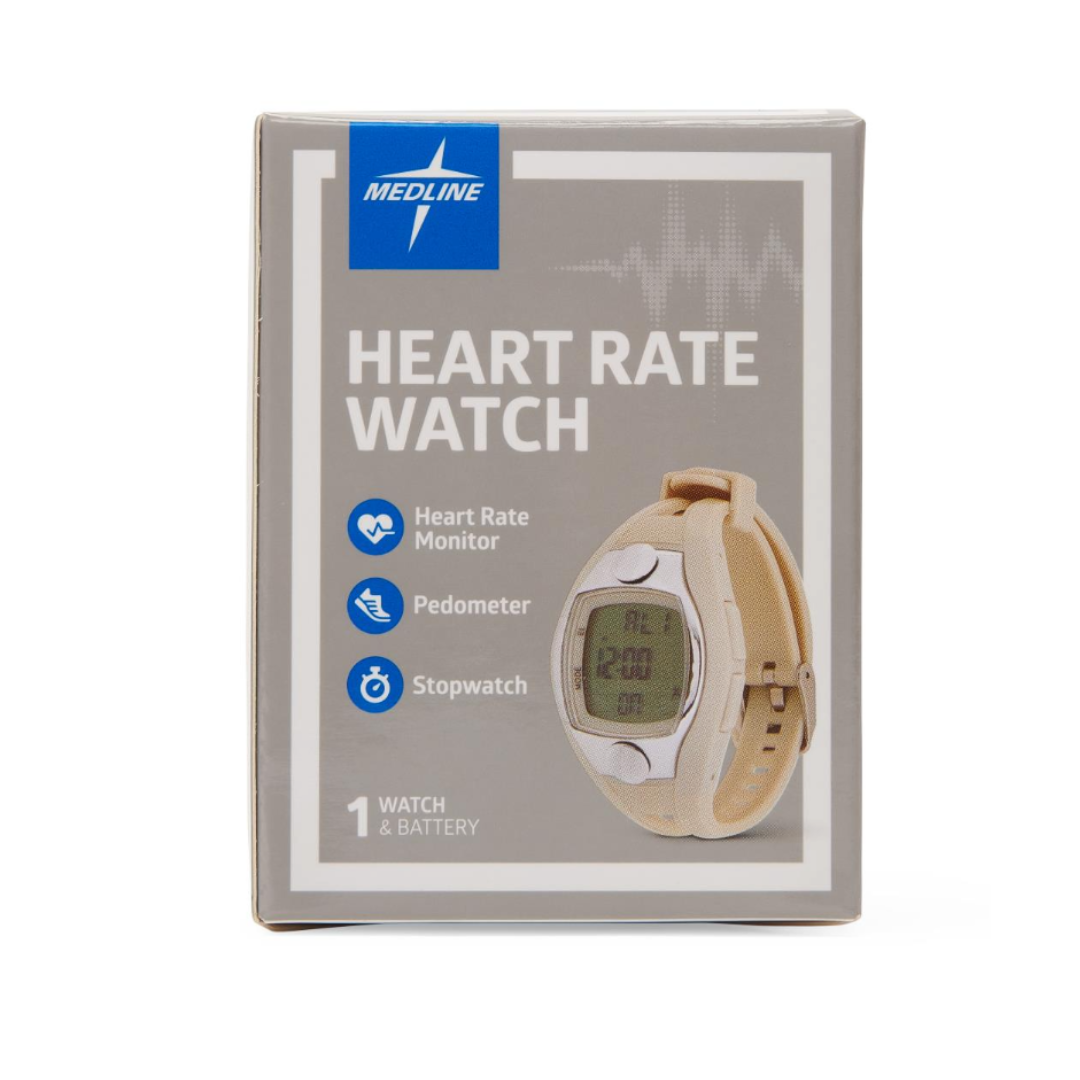A Medline Digital Fitness Heart Rate and Pedometer Watch box displaying a beige digital watch. The packaging highlights features such as a heart rate monitor, pedometer, and stopwatch, and includes one Digital Fitness Heart Rate and Pedometer Watch with a battery.