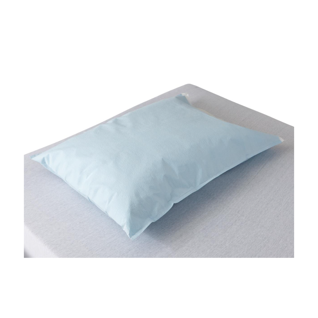 A light blue pillow with a smooth Medline Disposable Tissue/Poly Pillowcase rests on a light gray bed, viewed from above against a white background.