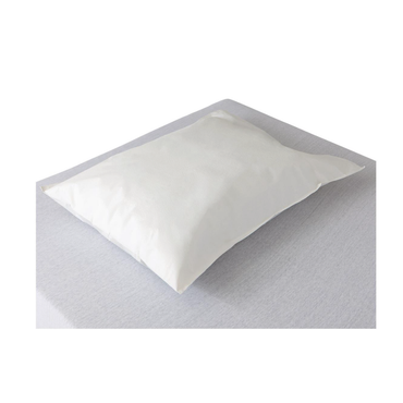 A white pillow with a smooth Medline Disposable Tissue/Poly Pillowcase lies on a light gray bedsheet, viewed from above against a plain white background.