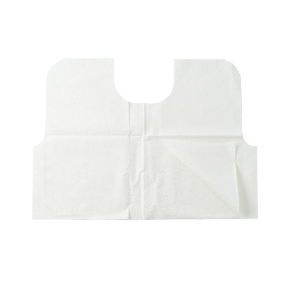 A white disposable bib with a U-shaped neck cutout and folded lower right corner, shown on a white background—perfect for use alongside Medline Disposable Exam Capes 30" x 21" | Tissue Poly Tissue Gown during medical procedures.