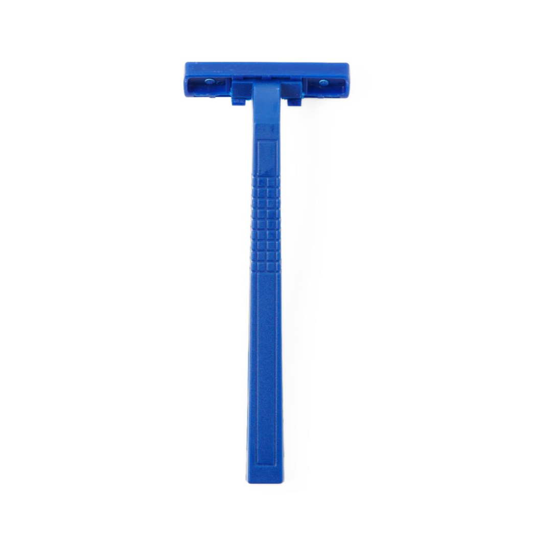 The Medline Disposable Twin Blade Facial Razor, featuring a blue textured handle, is displayed against a plain white background.