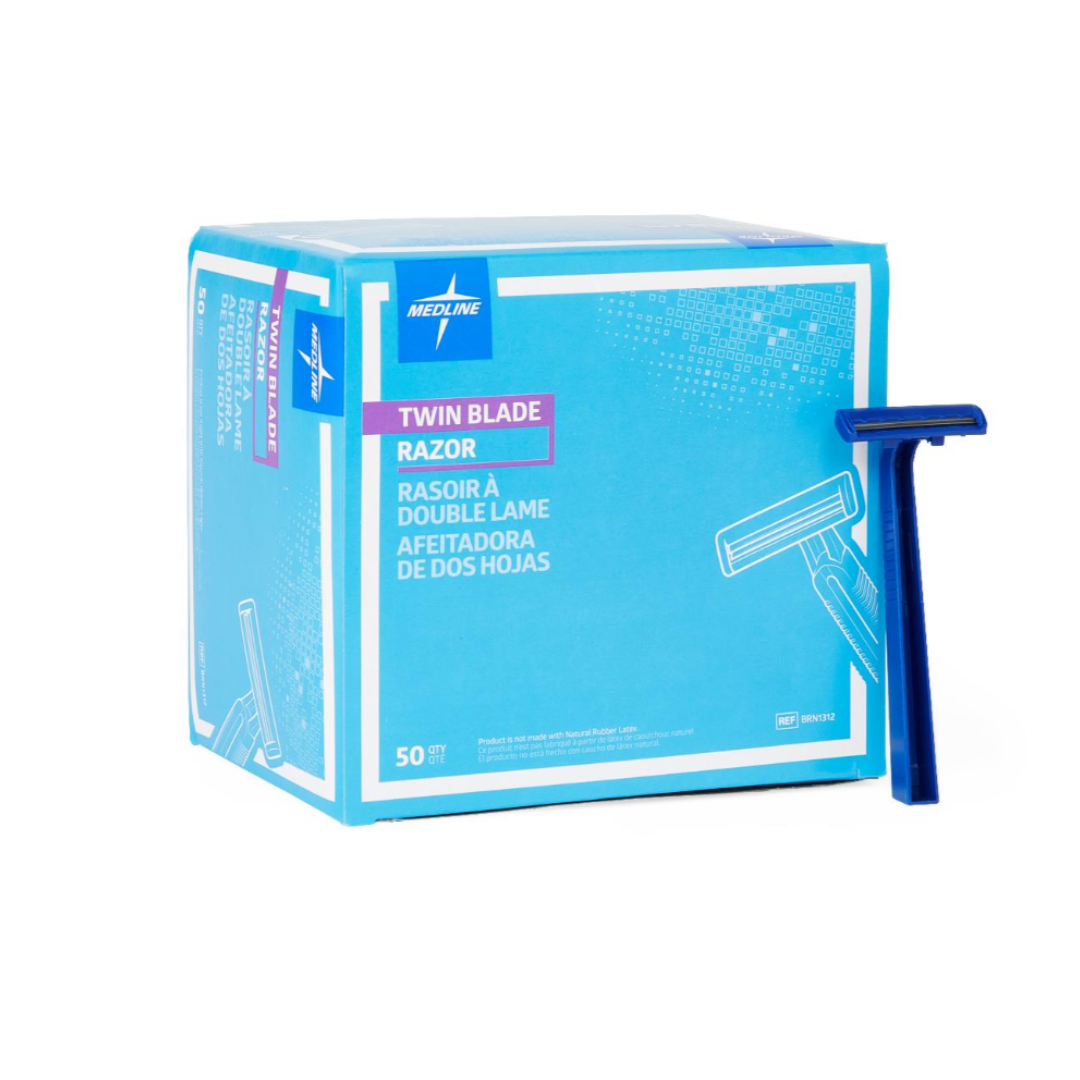 A Medline Disposable Twin Blade Facial Razor box, labeled in English, French, and Spanish, contains 50 blue and white razors for patient prep. One blue razor stands upright next to the box.
