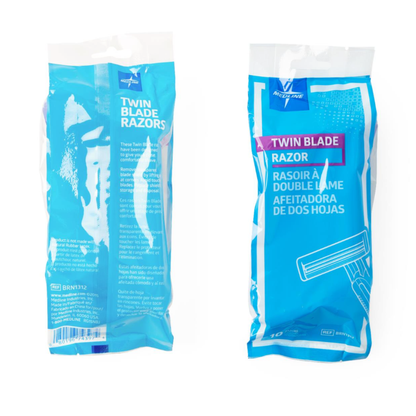 Two blue plastic bags of Medline Disposable Twin Blade Facial Razor are shown. The front displays English and Spanish text with a razor image, while the back shows product details and a barcode—ideal for patient preparation.