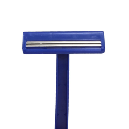The Medline Disposable Twin Blade Facial Razor, featuring double silver blades, is displayed upright against a plain white background—ideal for patient preparation.