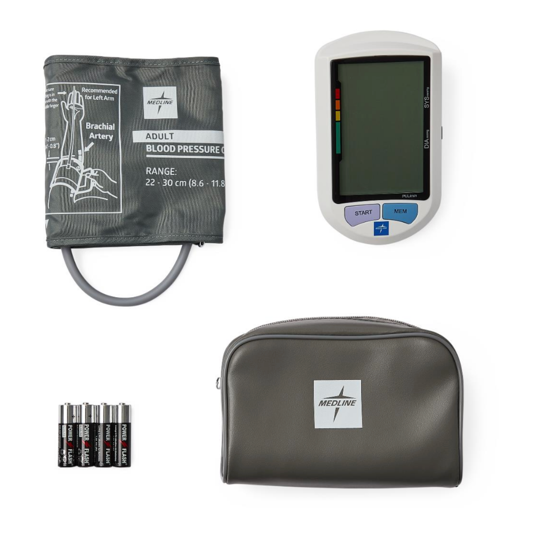 The Medline Elite Automatic Digital Blood Pressure Monitor includes an arm cuff, zippered carrying case, and four AA batteries, all displayed on a white background.