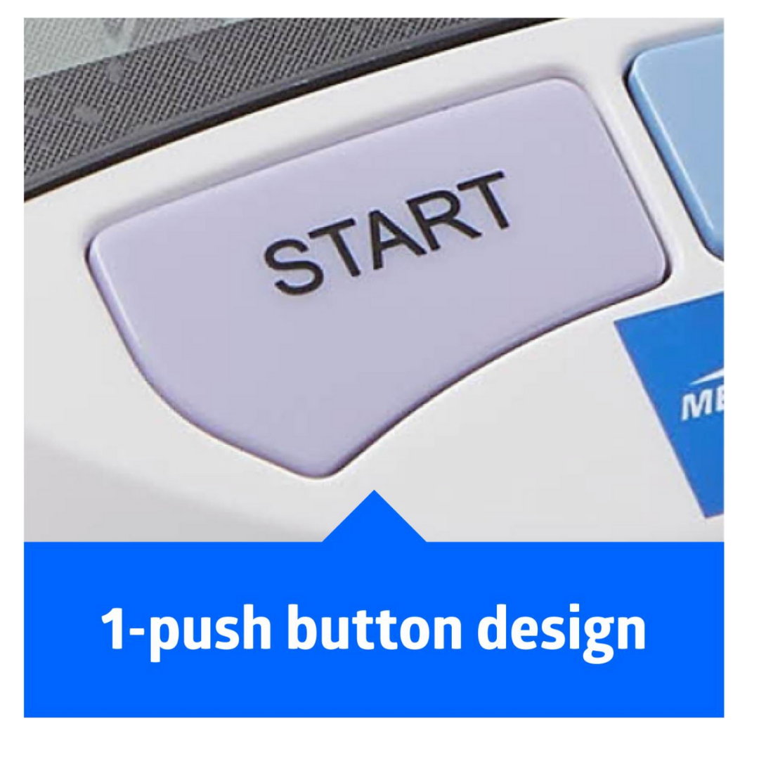 Close-up of a purple START button on the Medline Elite Automatic Digital Blood Pressure Monitor, with text below reading 1-push button design for one-touch operation in white font on a blue background.