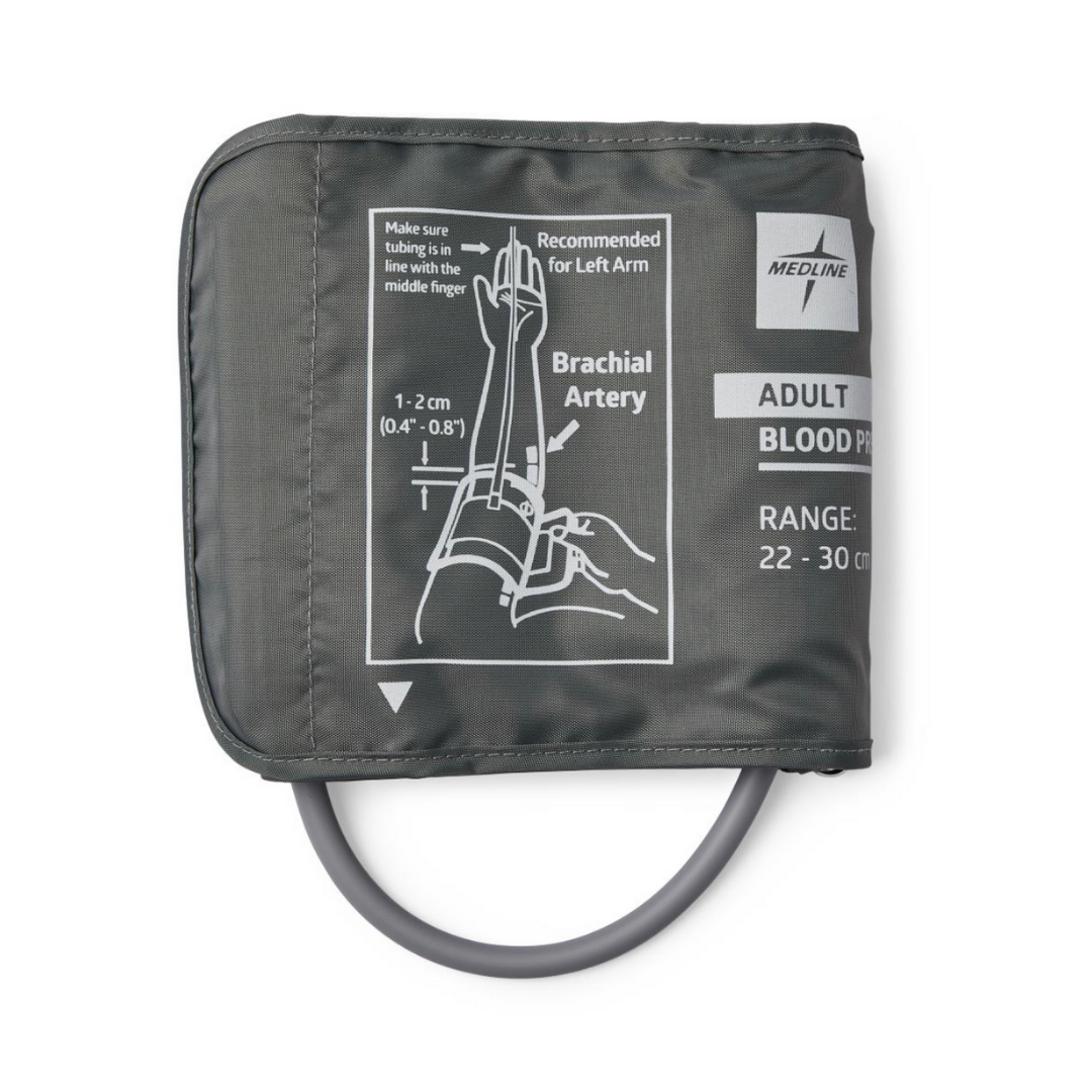 The Medline Elite Automatic Digital Blood Pressure Monitors feature a gray adult cuff (22–30 cm) with printed left arm placement instructions, automatic inflation, recommended tubing position, and support for digital readings.