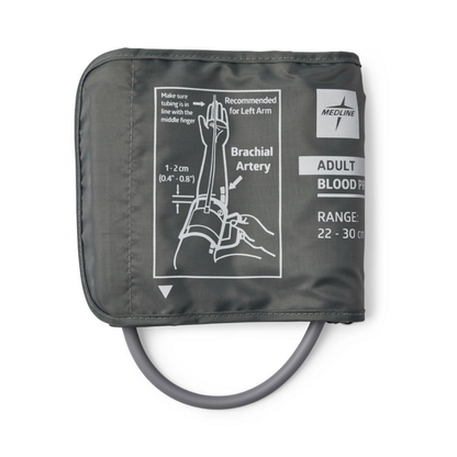 The Medline Elite Automatic Digital Blood Pressure Monitors feature a gray adult cuff (22–30 cm) with printed left arm placement instructions, automatic inflation, recommended tubing position, and support for digital readings.