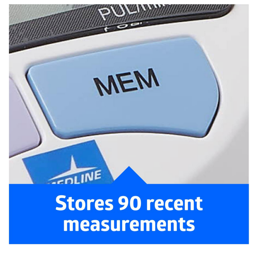Close-up of Medline Elite Automatic Digital Blood Pressure Monitor with large blue MEM button and banner below stating Stores 90 recent measurements; offers one-touch operation for easy blood pressure readings.