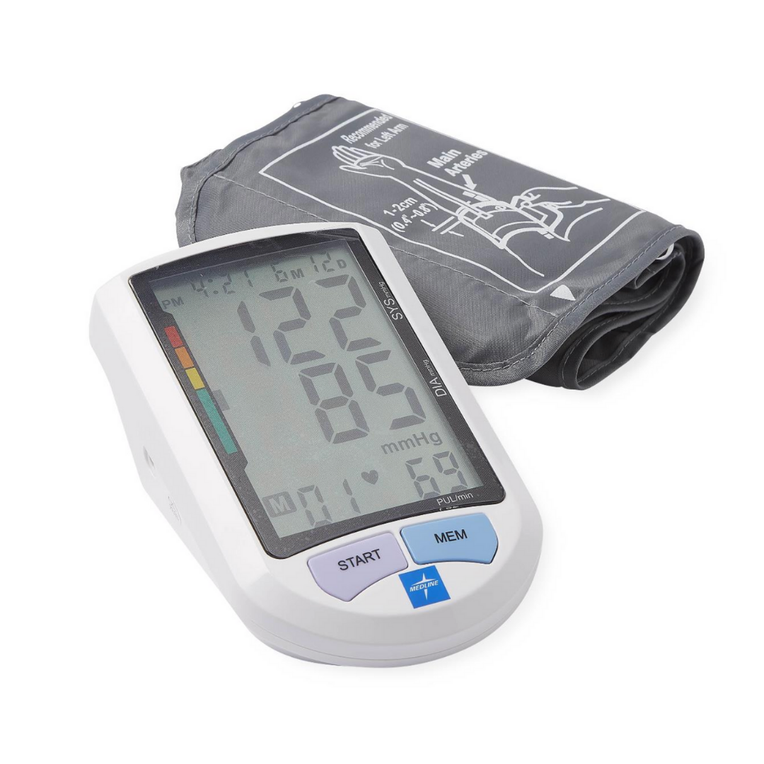 The Medline Elite Automatic Digital Blood Pressure Monitor features a gray arm cuff, one-touch operation, and displays digital blood pressure readings of 122/65 with a pulse rate of 69 on its screen.