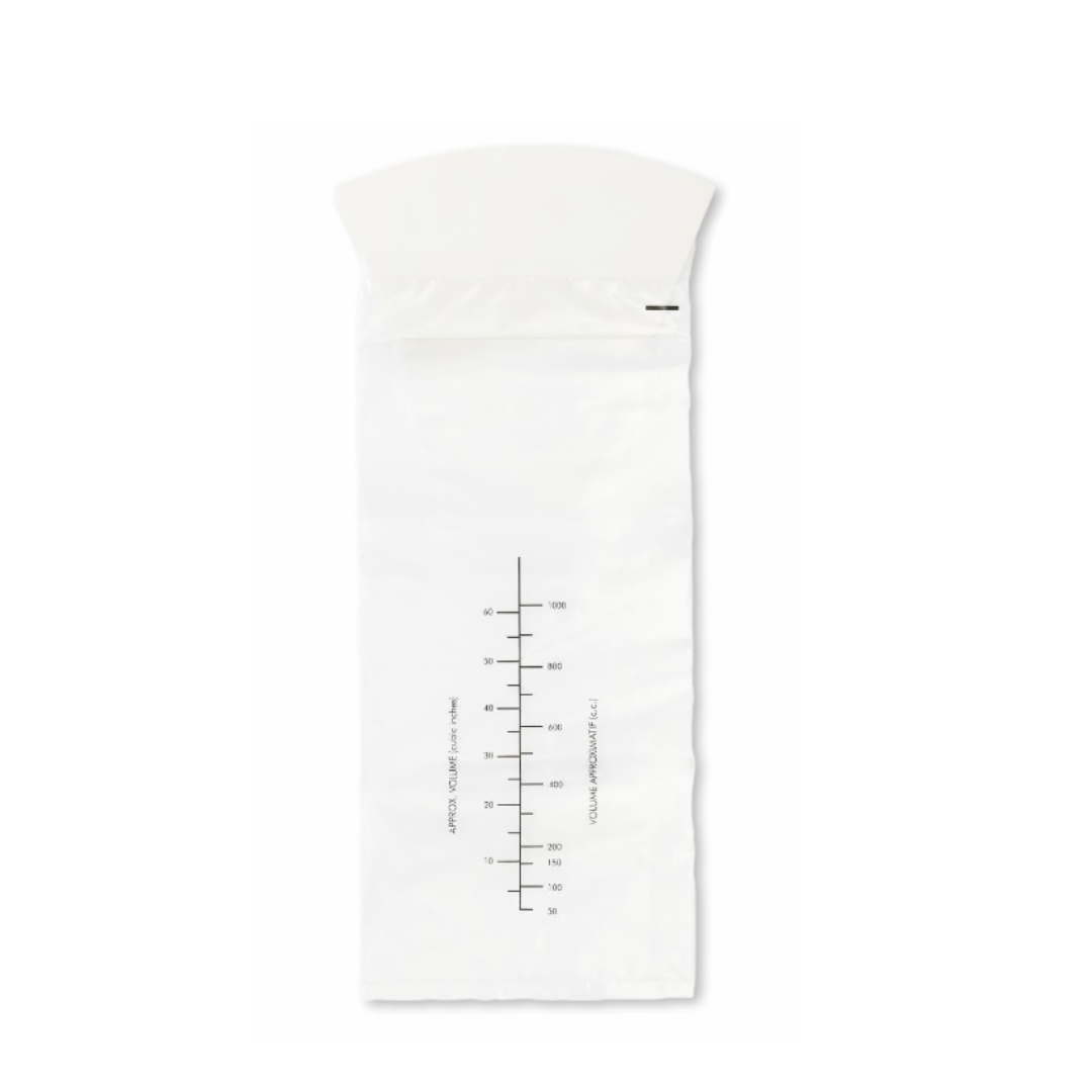 Medline Emesis Bags with Paper Funnel, featuring clear plastic construction, graduated markings, a white top, and sealed bottom, are displayed against a plain white background.