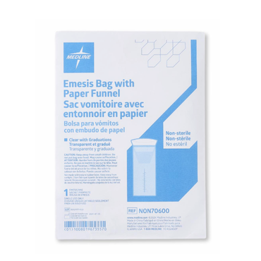 Medline Emesis Bags with Paper Funnel feature clear, graduated bags, non-sterile design, and packaging with blue/white text in English, French, and Spanish plus a bag illustration.