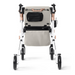 Rear view of the Medline Empower Rollator with Microban, showcasing a beige seat and black wheels. This mobility aid features a light aluminum frame in a light color, along with black handlebars and a small black pouch at the back.