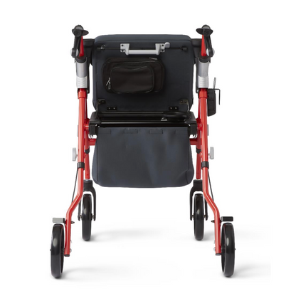 The Medline Empower Rollator with Microban, designed for mobility assistance, features a durable aluminum frame, red finish, black seat, storage pouch, and four wheels. It also includes a small black bag attached to the backrest.