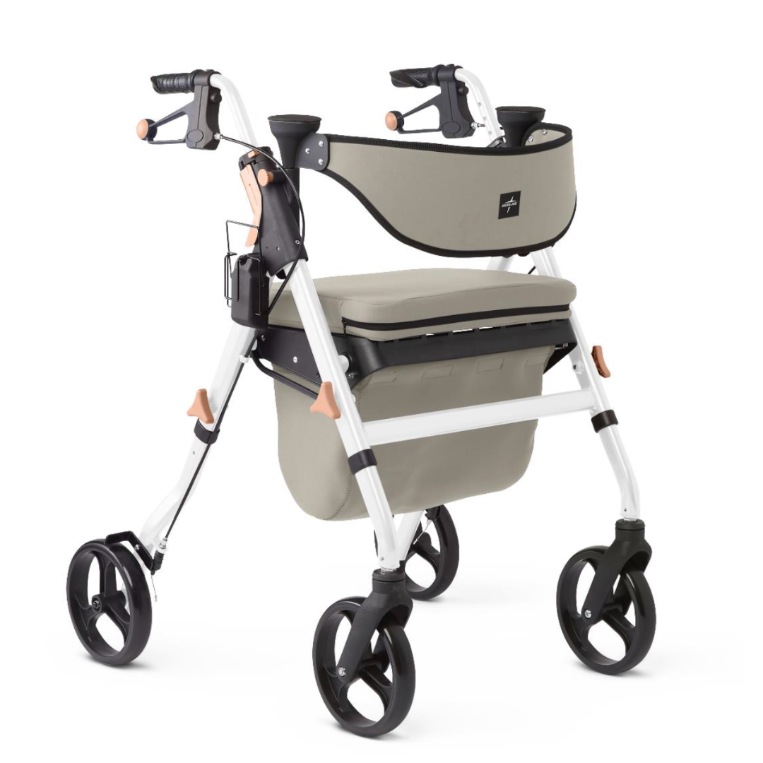 The Medline Empower Rollator with Microban is a sleek light gray mobility aid featuring four black wheels, ergonomic handles, and a built-in seat with storage. Its modern design includes two small handle brakes for enhanced safety.