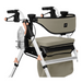 Close-up of the Medline Empower Rollator with Microban, featuring a durable aluminum frame in beige and white, a padded seat, two black handles with brakes, a side water bottle holder, and a subtle black logo on the backrest for reliable mobility assistance.