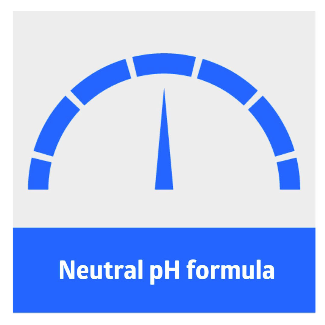 A blue gauge with the needle centered above Neutral pH formula on a blue background, indicating balanced pH for Medline Enzymatic Surgical Instrument Detergent and Presoak.