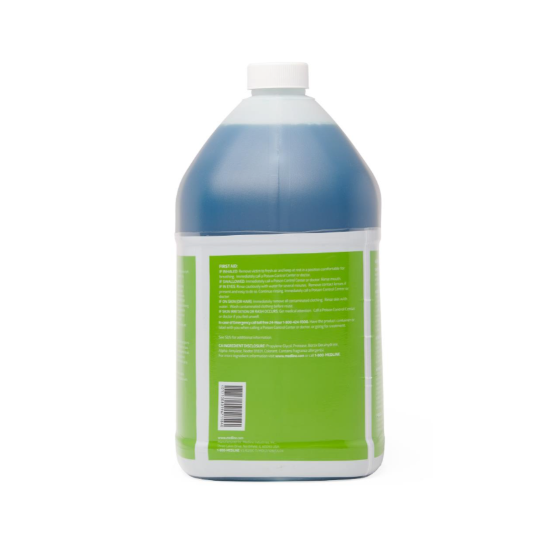 A large plastic jug with blue liquid, a white screw cap, and a green label with white text and barcode; contains Medline Enzymatic Surgical Instrument Detergent and Presoak for cleaning surgical instruments.