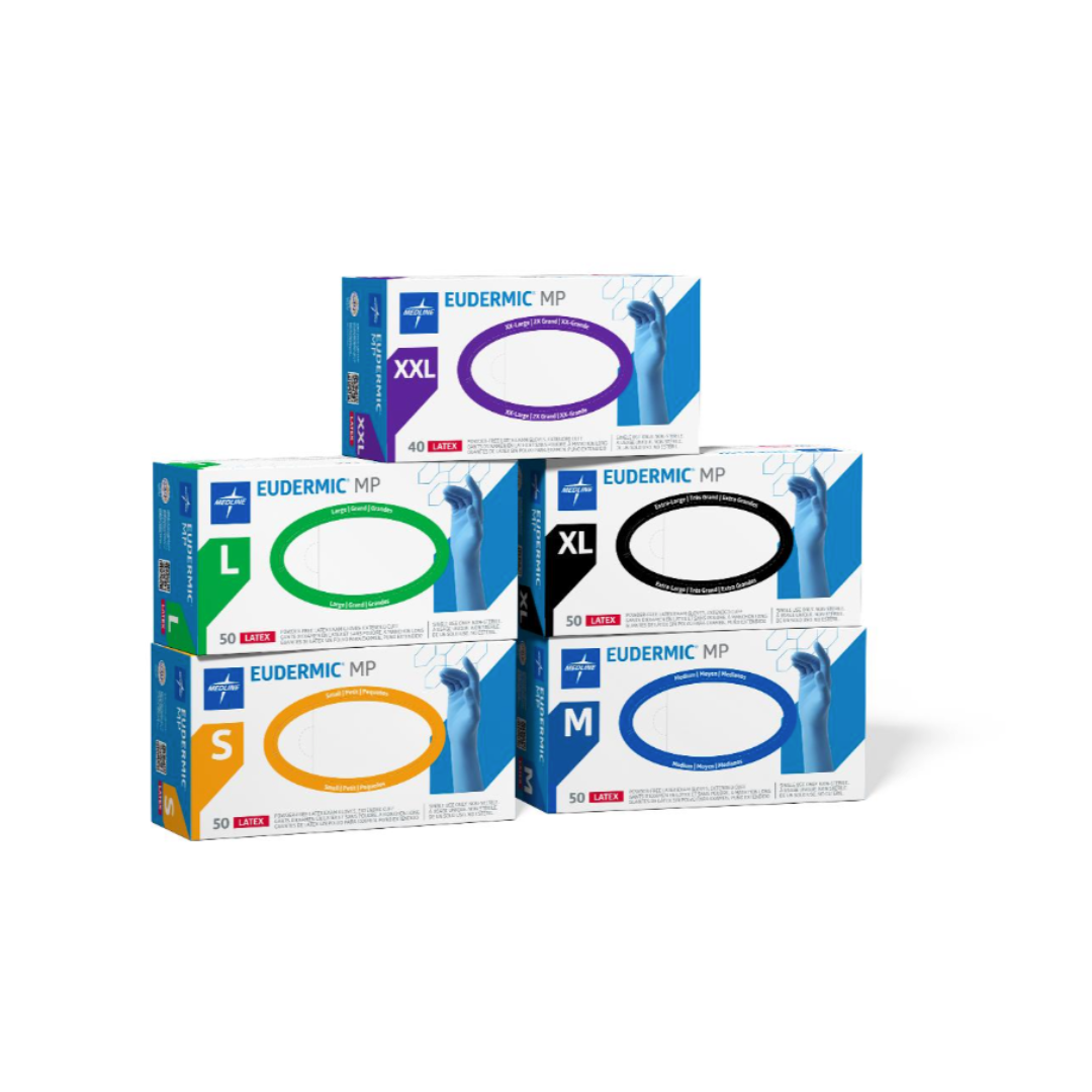 Four boxes of Medline Eudermic MP High-Risk Powder-Free Latex Exam Gloves in S (yellow), M (blue), L (green), XL (black), and XXL (purple) feature color-coded ovals and a gloved hand image on each box.