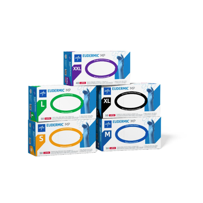 Four boxes of Medline Eudermic MP High-Risk Powder-Free Latex Exam Gloves in S (yellow), M (blue), L (green), XL (black), and XXL (purple) feature color-coded ovals and a gloved hand image on each box.