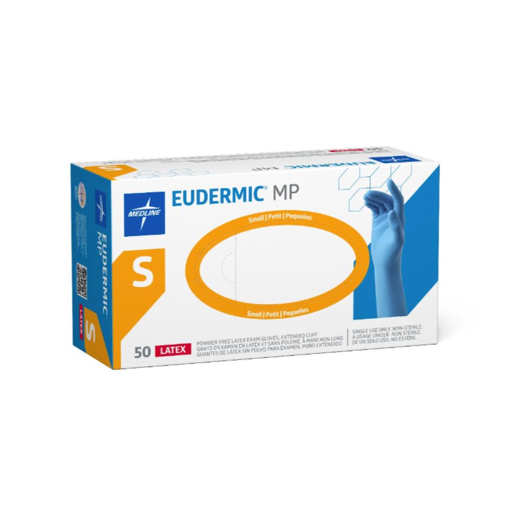 A box of Medline Eudermic MP High-Risk Powder-Free Latex Exam Gloves, size small, contains 50 gloves. The packaging features orange and blue accents and an image of a blue glove on the front.