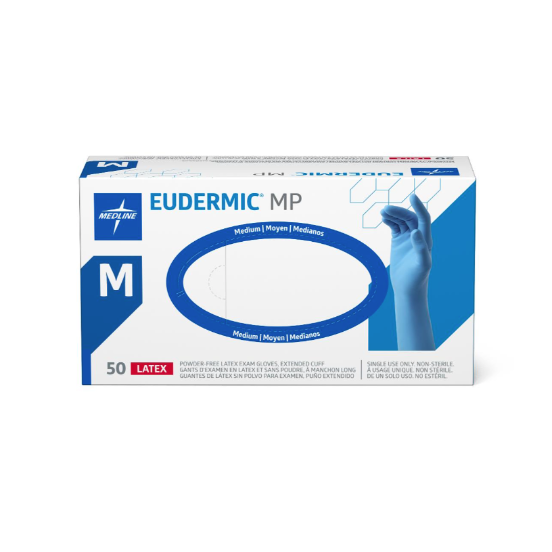 A box of Medline Eudermic MP High-Risk Powder-Free Latex Exam Gloves, size medium, with 50 non-sterile gloves for comfort in high-risk exams; box features an image of a blue-gloved hand.