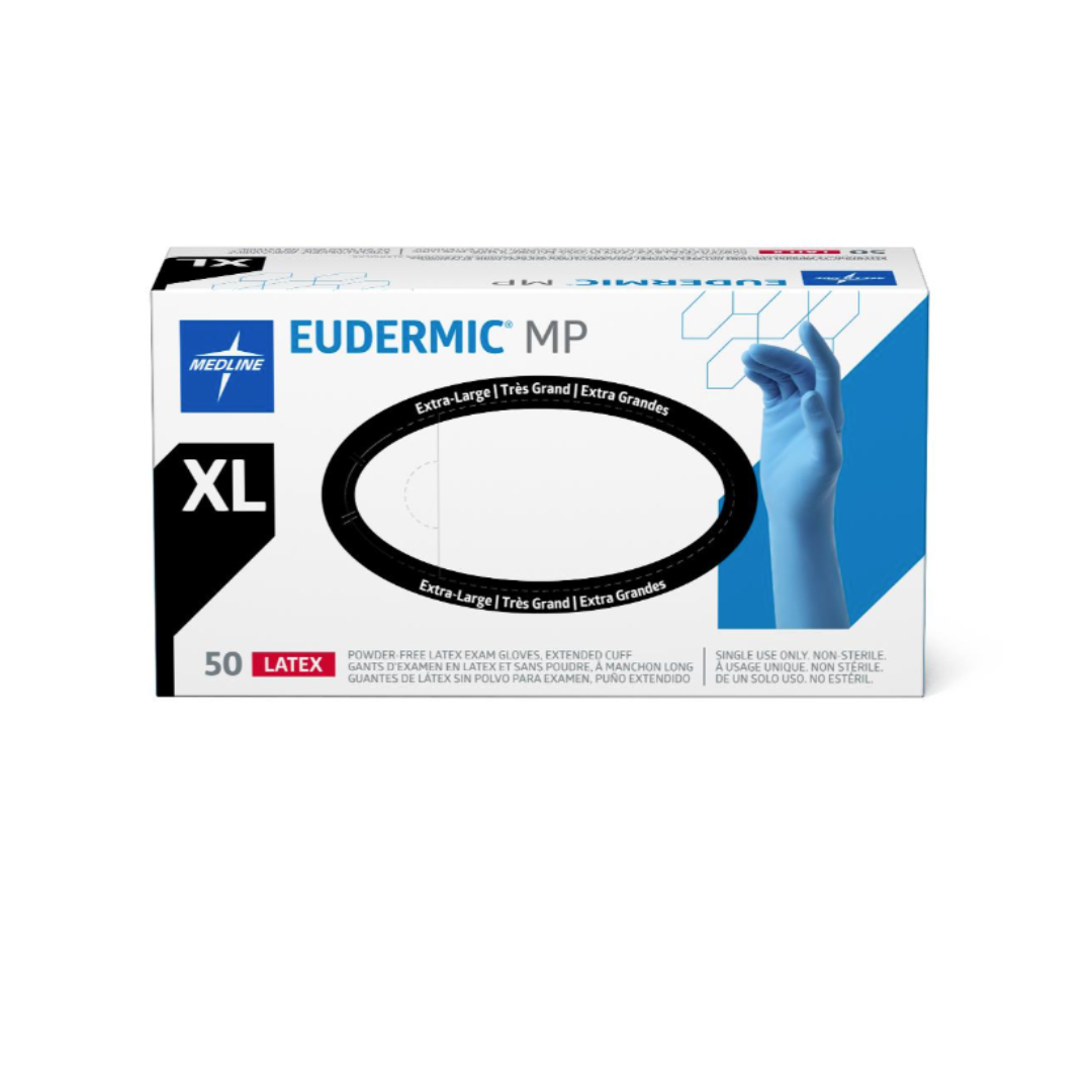 A box of Medline Eudermic MP High-Risk Powder-Free Latex Exam Gloves, size XL, contains 50 latex exam gloves. The mostly white box has blue and black accents and displays an image of a gloved hand on the right side.