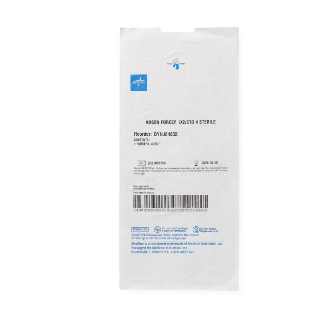 A white sterile medical pouch labeled Medline Floor Grade Adson Tissue Forceps, featuring product details, reorder numbers, barcodes, and blue Medline branding at the top left, is displayed against a white background for surgical use.