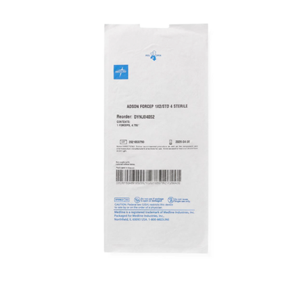 A white sterile medical pouch labeled Medline Floor Grade Adson Tissue Forceps, featuring product details, reorder numbers, barcodes, and blue Medline branding at the top left, is displayed against a white background for surgical use.