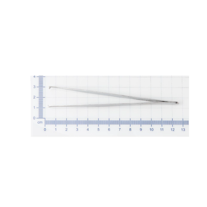 A pair of Medline Floor Grade Adson Tissue Forceps, measuring about 12 cm long, is shown on a white background with a blue centimeter ruler grid.