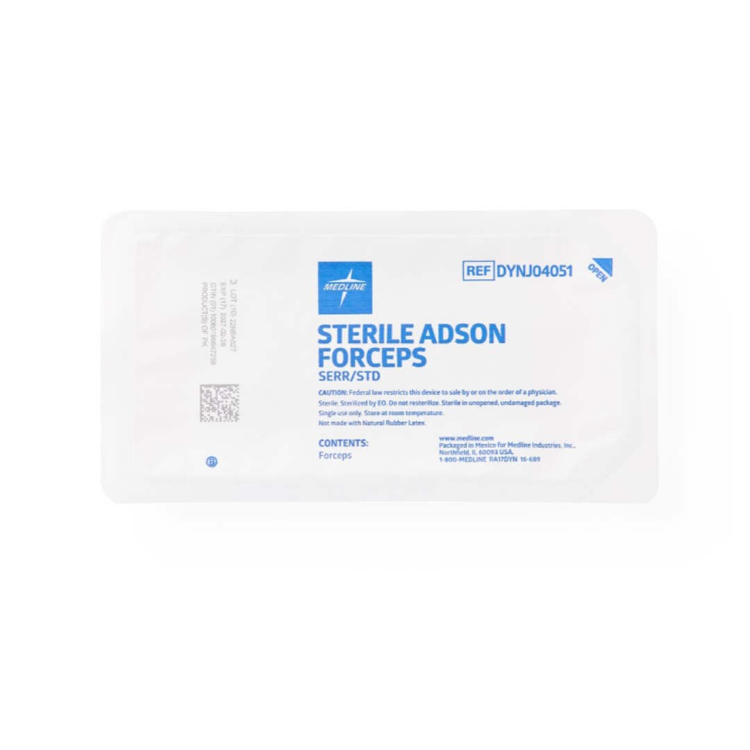 A white medical package labeled "Sterile Adson Forceps" in blue and gray text with product reference DYNJ04051 and a barcode; this unopened pack contains Medline Floor Grade Adson Tissue Forceps for surgical use.