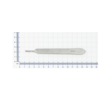 A Medline Floor Grade Scalpel Handle – #3 Disposable with a textured grip lies on graph paper with a blue centimeter scale, showing it's about 15 cm long.