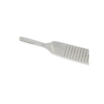 Close-up of a Medline Floor Grade Scalpel Handle – #3 Disposable, featuring a textured grip and flat, rectangular tip against a white background.