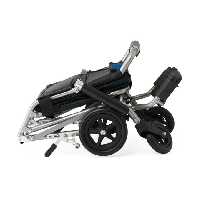 The Medline Fold-Flat Aluminum Transport Chair is a lightweight, compact black and silver wheelchair with large rear wheels and smaller front wheels, designed for easy portability and enhanced mobility.