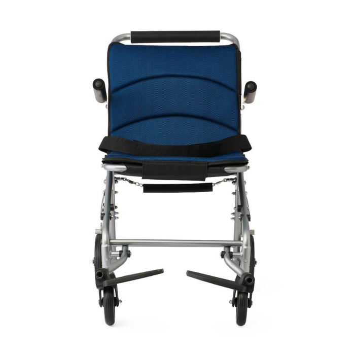 The Medline Fold-Flat Aluminum Transport Chair is a lightweight, blue and silver foldable chair with padded seat and backrest, black armrests, small front wheels, and extended footrests, enhancing mobility when viewed from the front.