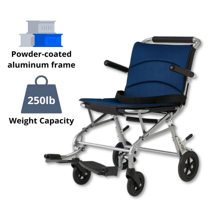 The Medline Fold-Flat Aluminum Transport Chair features a blue seat, powder-coated aluminum frame, armrests, footrests, small wheels, a foldable design for easy mobility, and supports up to 250 lbs.