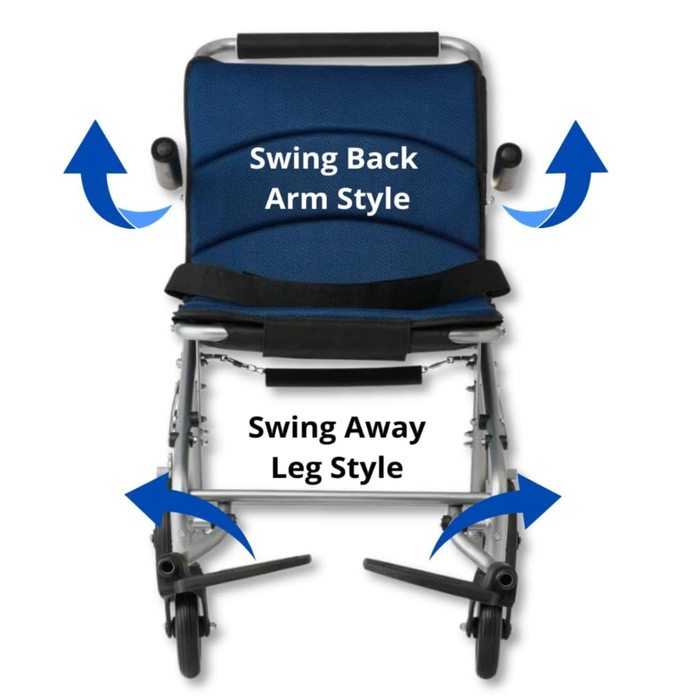 The Medline Fold-Flat Aluminum Transport Chair features blue upholstery, a lightweight foldable design, swing-back arms, swing-away legs, and blue arrows showing movement directions for enhanced mobility.