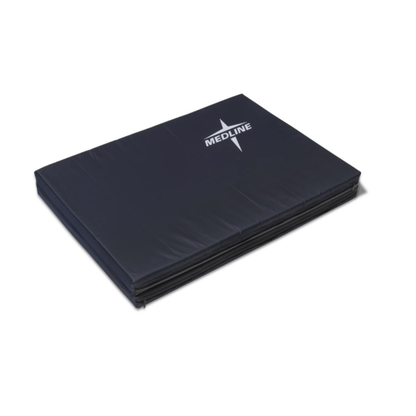 A folded black Medline Bi-Fold Fall Mat is shown against a white background. The Medline logo appears in white on top, emphasizing this essential fall protection mat for improved safety.