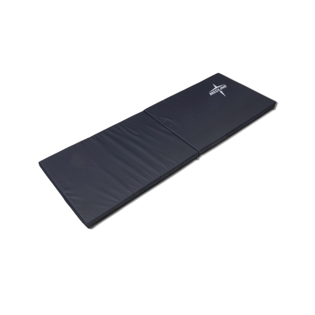 The Medline Bi-Fold Fall Mat is a black, foldable safety mat featuring a logo in the top right corner, shown flat on a white background—ideal for versatile workout or exercise spaces.