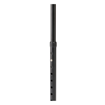 A close-up view of the adjustable center pole of the Medline Folding Aluminum Quad Cane with Small Base, featuring small holes and a locking pin for secure height adjustment—providing stable, weight-bearing support.