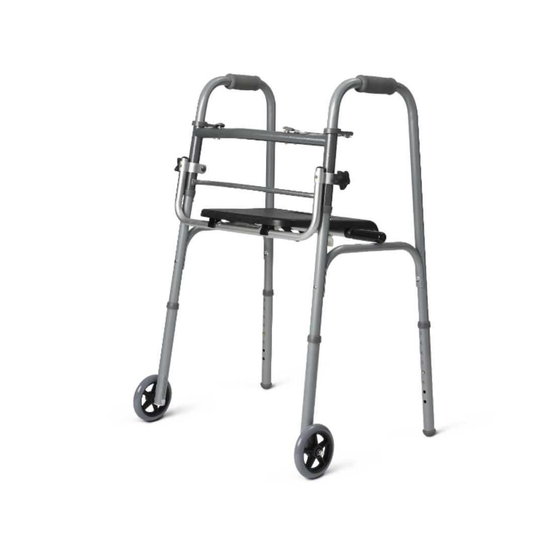 The Medline Folding Walker Seat is a lightweight, foldable gray walker with two front wheels and rear legs for mobility. It features padded handles for comfort and is compatible with the Medline folding walker seat replacement.