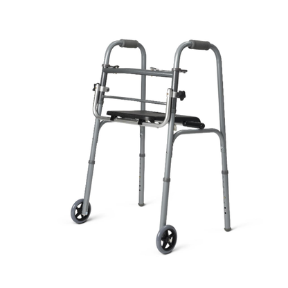 The Medline Folding Walker Seat is a lightweight, foldable gray walker with two front wheels and rear legs for mobility. It features padded handles for comfort and is compatible with the Medline folding walker seat replacement.