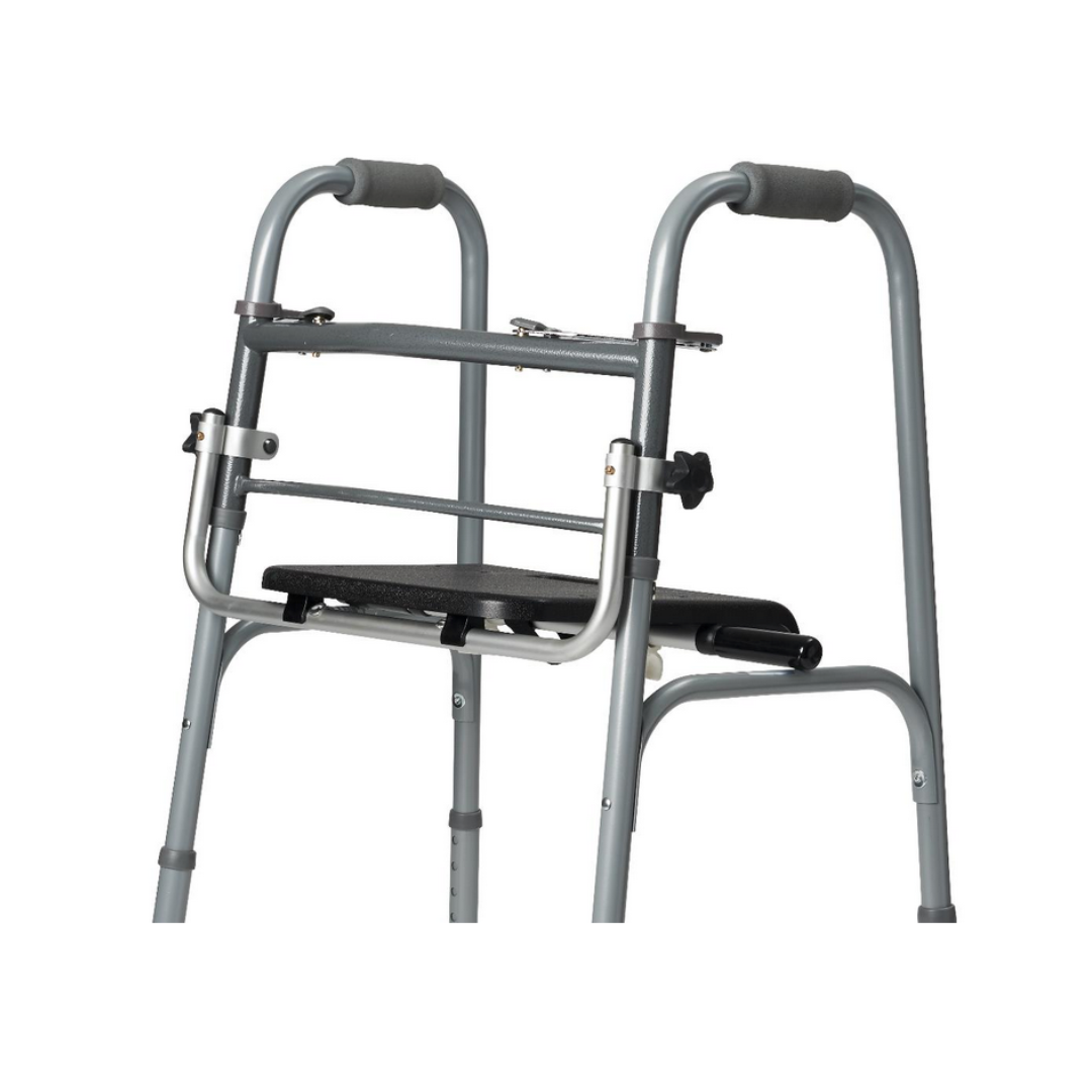 A close-up of the Medline Folding Walker Seat, a gray folding walker with a padded seat and foam hand grips for comfort and mobility, shown against a plain white background.