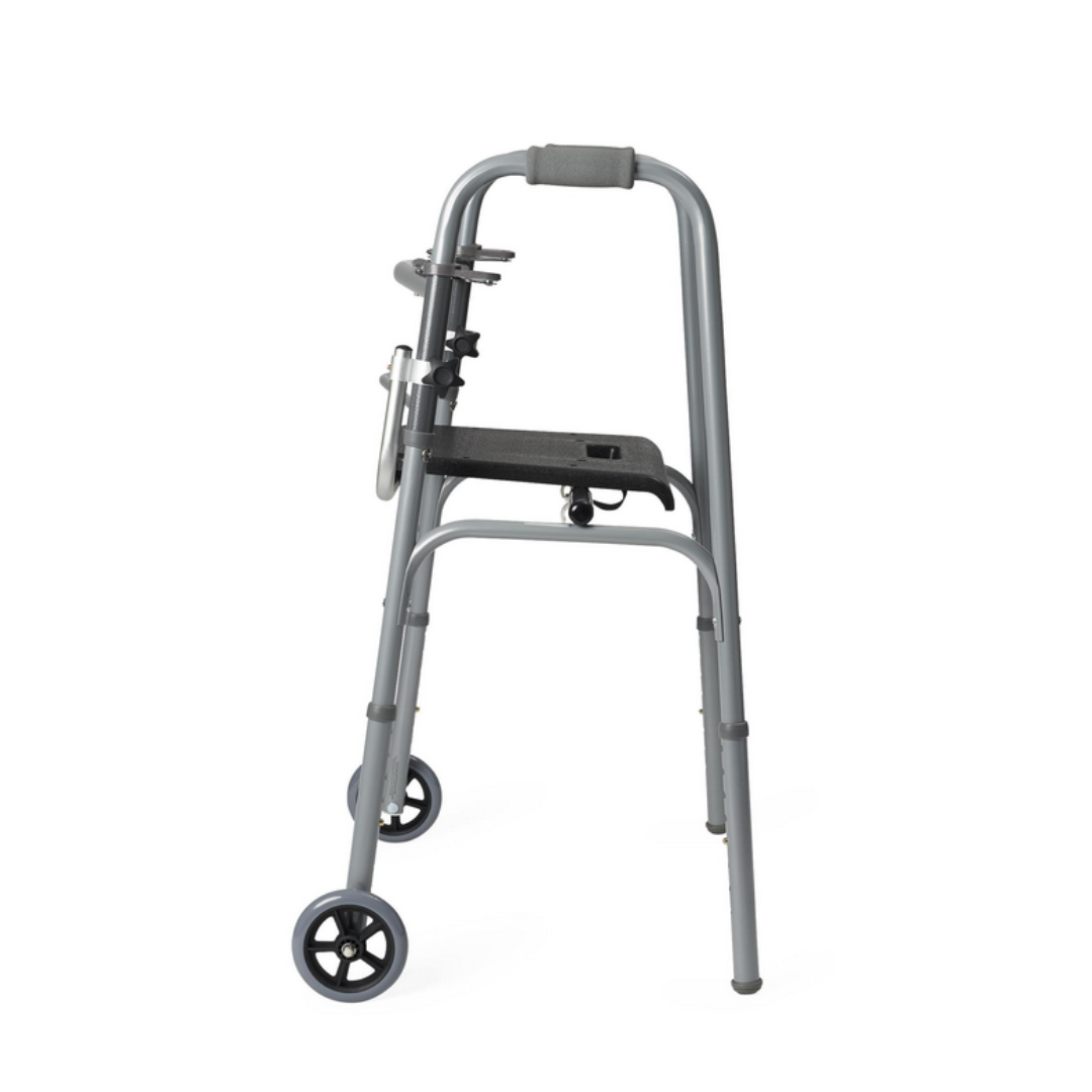 The Medline Folding Walker Seat is a gray, lightweight folding walker with two front wheels, padded handlebar, and a foldable tray; designed for enhanced mobility assistance.