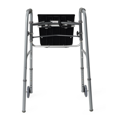 The Medline Folding Walker Seat, featuring two front wheels and a black portable seat, is shown from the back against a white background.